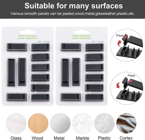 Miniatura 7 de Clips de organización de cables, 20 organizadores de cables, soportes para cable para TV, PC, Ethernet, escritorio, oficina en casa (negro)