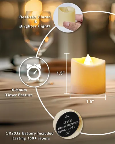 Miniatura 5 de Homemory - Paquete de 12 velas votivas sin llama con temporizador LED, luz de té de larga duración a pilas con temporizadores, ciclo de 6 horas