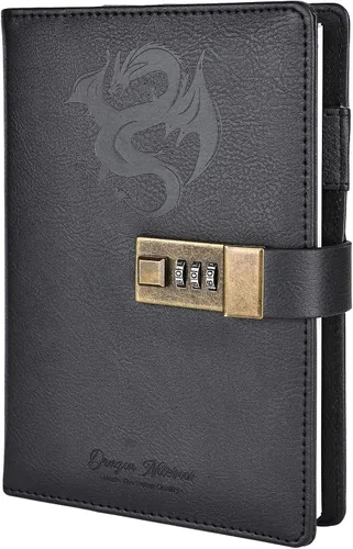 Miniatura 14 de TIEFOSSI Diario de Cuero Dragón, Cuaderno de Tapa Dura, Diario Recargable con Cerradura, Cuadernos de Escritura con Papel Rayado/En Blanco
