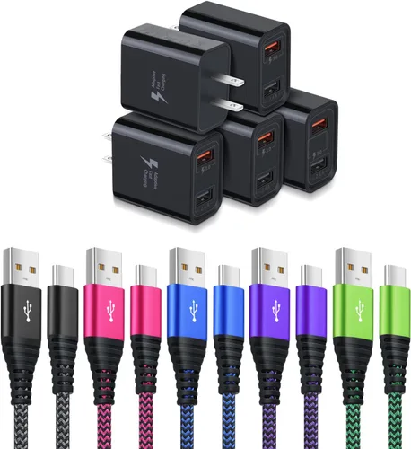 Cargador de pared 3.0 de carga rápida rápida con cable tipo C de 10 pies, paquete de 5 adaptadores de corriente USB dual de 30 W y 5 cargadores tipo