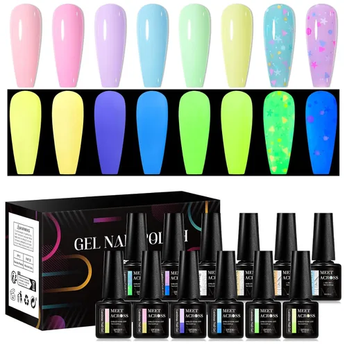 MEET ACROSS Juego de esmaltes de uñas de gel que brilla en la oscuridad: 8 colores luminosos de neón con base y capa superior deshidratador de uñas