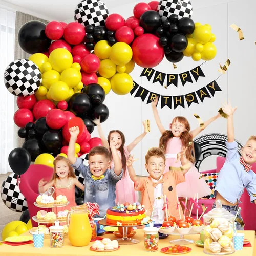 Miniatura 5 de Kit de arco de globos de auto de carreras de 132 piezas, decoraciones de fiesta con globos rojos, negros y amarillos, globos de rueda a cuadros