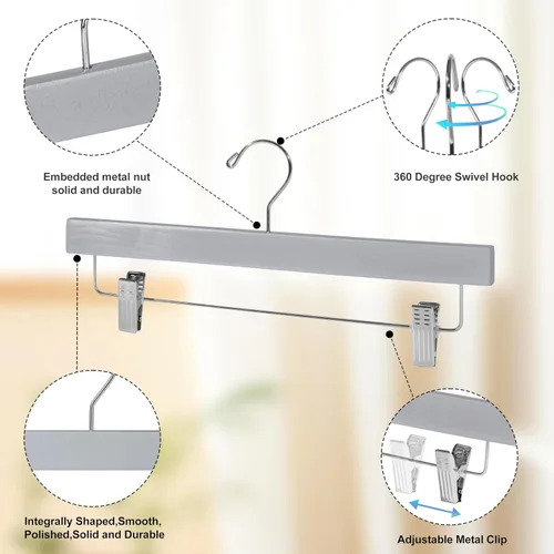 Miniatura 2 de Quality Hangers Juego de 100 perchas de madera para pantalones, juego de 100 ganchos giratorios para ropa, falda de madera de loto, pantalones, Gris