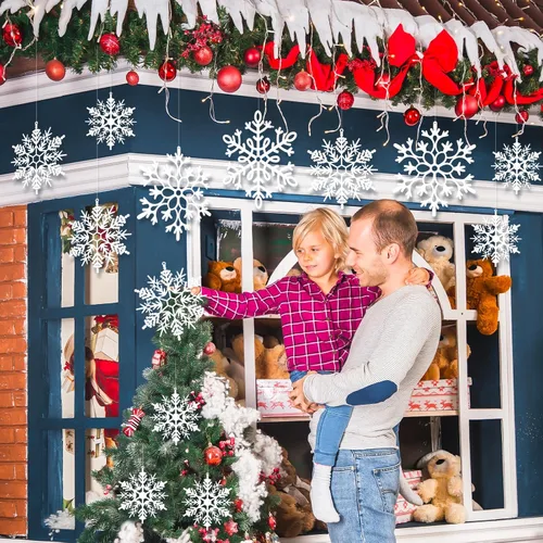 Miniatura 6 de 24 piezas de copos de nieve colgantes de Navidad grandes para exteriores, copos de nieve grandes blancos en diferentes tamaños para decoración