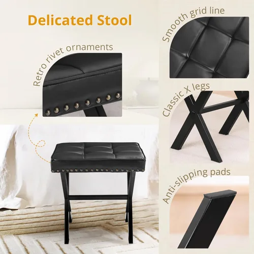 Miniatura 7 de LUE BONA Taburete de tocador, asiento cuadrado de maquillaje de piel sintética con patas en X de metal, pequeña silla otomana para sala