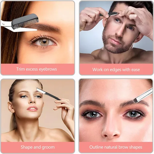 Miniatura 7 de Kit de tijeras de aseo para cejas, kit 4 en 1 de acero inoxidable para mujeres y hombres, incluyendo maquinillas de afeitar para cejas, cepillo