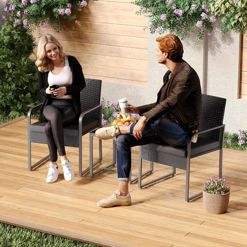 Miniatura 9 de Gizoon Juego de 3 piezas de patio bistró, conversación de ratán al aire libre con mesa de cristal, juego de muebles de mimbre con cojín