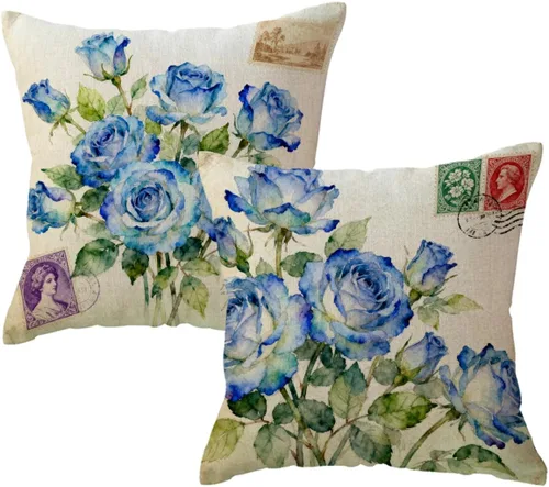 Paquete de 2 fundas de almohada retro con flores azules, ramo de rosas azules, fundas de almohada decorativas estilo vintage estilo postal retro de