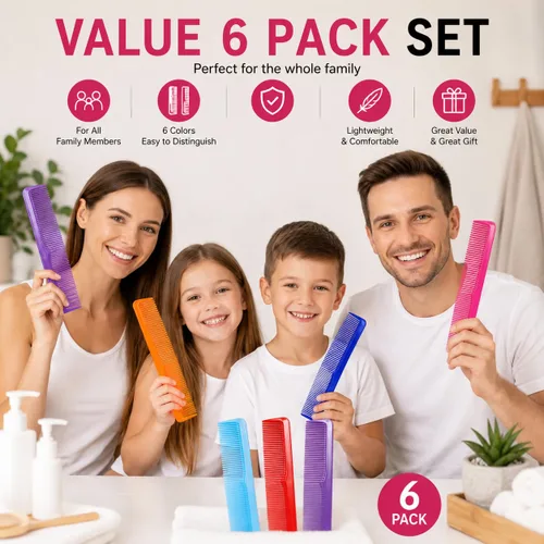 Miniatura 3 de Juego de peines grandes para el cabello (paquete de 6) – Peines de peluquero de dientes gruesos y finos de 9 pulgadas para cabello húmedo, grueso