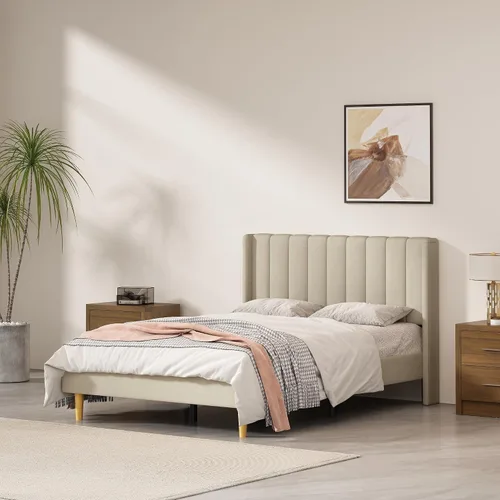 Miniatura 22 de Base de cama Queen con cabecero, base de cama de plataforma con respaldo de terciopelo vertical copetudo, soporte de listones de madera, no necesita