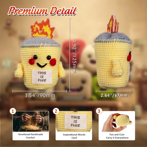 Miniatura 3 de Cute This is Fine Positive Crochet – Contenedor de apoyo emocional juguete de felpa de fuego – Accesorios de escritorio divertidos de oficina