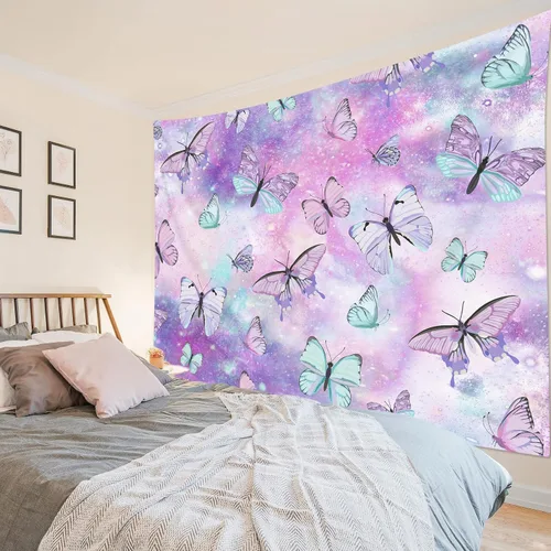 Miniatura 18 de LB Tapiz de mariposa colorido para colgar en la pared, diseño de mariposas de insectos sobre fondo negro, tapiz hippie de fantasía para dormitorio