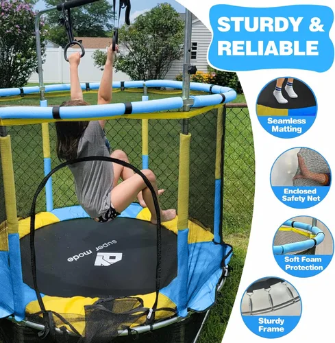 Miniatura 3 de Trampolín de 55 pulgadas para interiores y exteriores para niños con recinto, trampolín para niños pequeños con barra de gimnasia ajustable y Azul