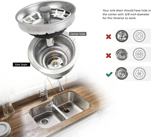 Miniatura 4 de Highcraft 9754JO - Colador de acero inoxidable para fregadero de cocina, repuesto para desagües estándar (3-1/2 pulgadas), tapón de goma con bloqueo