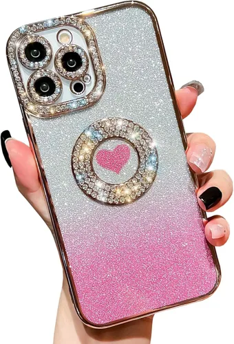 Miniatura 7 de Bling Glitter Heart compatible con iPhone 13 Pro de 6.1 pulgadas, bonito protector de cámara completo brillante para mujer, funda de teléfono Oro