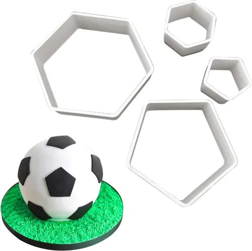 Juego de 4 cortadores de galletas de fútbol, de plástico blanco de grado alimenticio hexagonal y pentágono para galletas y fondant, moldes de varios