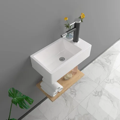 Miniatura 2 de Fregadero de esquina de baño pequeño de 18 x 10 pulgadas, fregadero rectangular blanco moderno para colgar en la pared Montaje en pared blanco