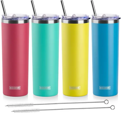 Miniatura 10 de Koodee - Vaso delgado de acero inoxidable de 20 onzas (4 unidades) aislado con doble pared, vaso de agua con 4 tapas, 4 popotes y 2 cepillos