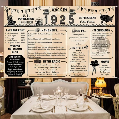 Miniatura 5 de Cartel de fondo grande de pared con texto en inglés "Back in 1925", estilo retro, feliz 101 cumpleaños, boda, aniversario, 101 años, reunión