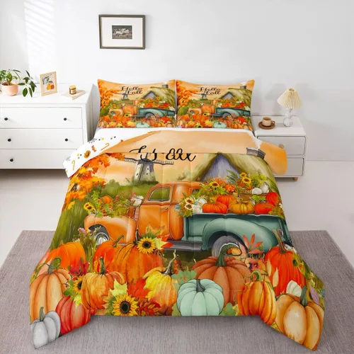 Miniatura 28 de Erosebridal Juego de edredón individual de pavo de Acción de Gracias, juego de ropa de cama de calabaza con hojas de otoño para niños y adultos