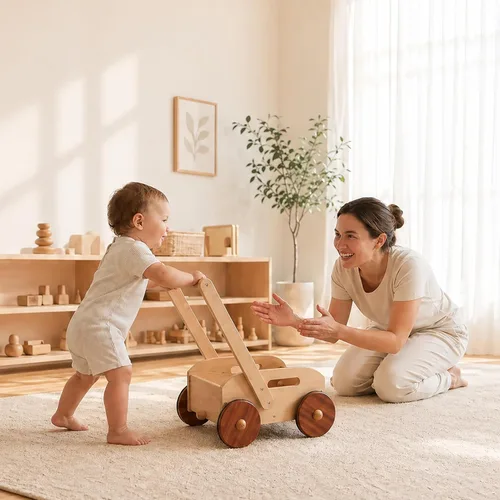 Miniatura 9 de Woodtoe Andador de madera para bebés, caminante de empuje para bebés de velocidad ajustable, juguetes Montessori para bebés que aprenden a caminar