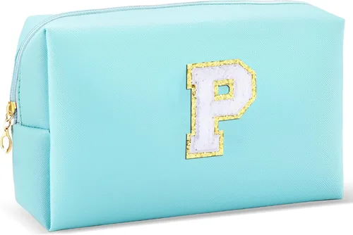 Miniatura 25 de URSKYTOUS Regalos para niñas, bolsa de maquillaje con inicial, bolsa de cosméticos personalizada con cremallera, bonita bolsa de aseo de viaje, Azul
