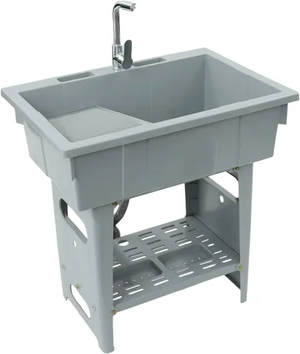 Fregadero de plástico independiente con tabla de lavadero, lavabo para lavandería, lavabo con grifo caliente y frío para garaje, sótano, jardín