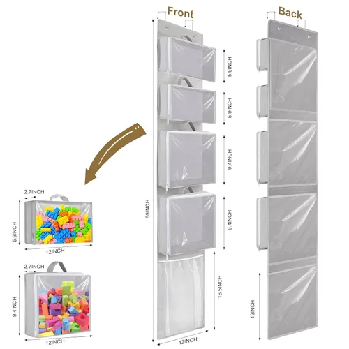 Miniatura 3 de Woodoulogy Organizador y almacenamiento para colocar sobre la puerta, soporte de juguetes colgante con 4 bolsas extraíbles transparentes, funda