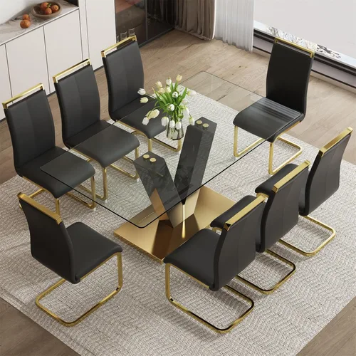 Miniatura 18 de Juego de mesa de comedor de vidrio de 71 pulgadas para 6, juego de mesa de comedor para 6, mesa de cocina moderna y 6 sillas de PU, parte superior 6