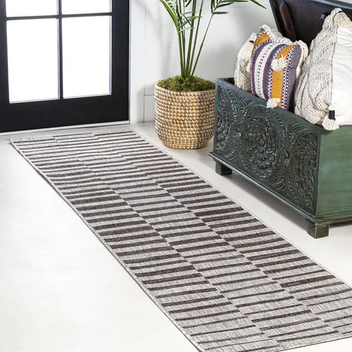 JONATHAN Y Sukie - Alfombra moderna a rayas para interiores y exteriores, 2 x 8 pulgadas, color beige/marrón, para patio trasero, porche, fácil de
