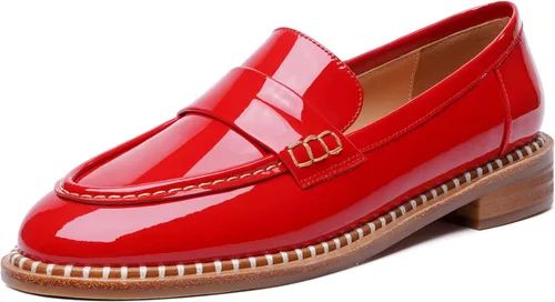 Miniatura 9 de FOGEENA Mocasines de tacón bajo para mujer, estilo casual, puntera redonda, de charol grueso, de 1 pulgada