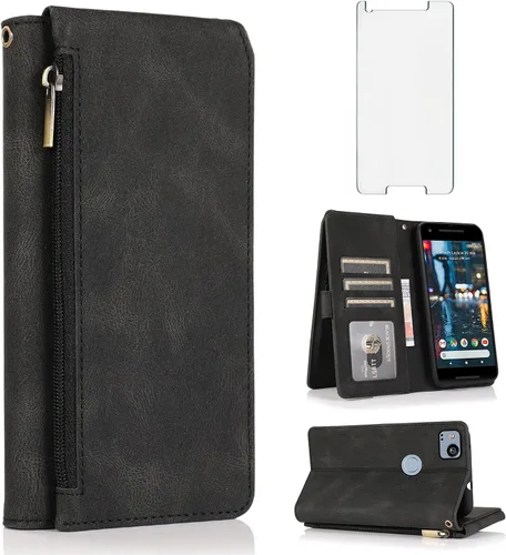 Asuwish Compatible con Google Pixel 2 - Funda tipo cartera de vidrio templado, protector de pantalla y cremallera de cuero retro, soporte para