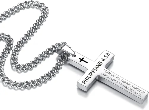Miniatura 2 de Collar inspirador de cruz con versículo bíblico para hombres y niños, collar con colgante de cruz de plata negra lisa de acero inoxidable