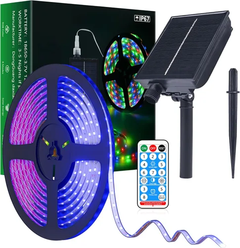 Miniatura 11 de MIHEAL Tira de luces LED solares para exteriores, 16.4 pies, 280 luces LED, funciona con energía solar, tira LED que cambia de color con 8 modos