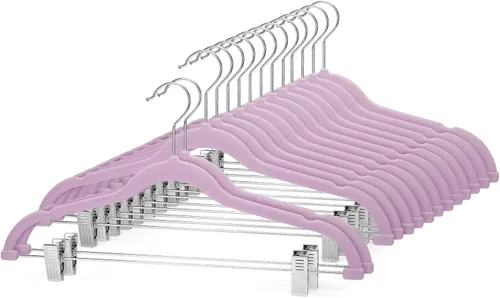 Cozymood Perchas de terciopelo para faldas, paquete de 24, perchas moradas con clips, ultrafinas, antideslizantes, perchas para pantalones, ahorran