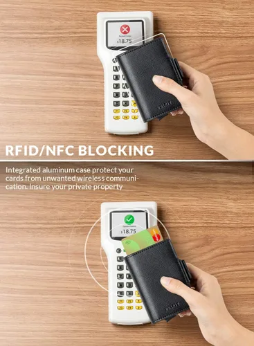 Miniatura 3 de VULKIT Tarjetero de cuero con bloqueo RFID, billetera desplegable automática con bloqueo RFID, cartera magnética para tarjetas doble para hombres