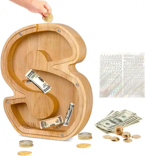 Miniatura 18 de Alcancía de Madera Personalizada con Letras del Alfabeto, Banco de Monedas con Letras del Alfabeto para Niños, Niñas y Bebés, Tamaño Grande, 26