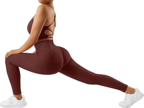 Miniatura 7 de OMKAGI Conjunto de entrenamiento acanalado para mujer, sin costuras, brasier deportivo con tiras y levantamiento de glúteos