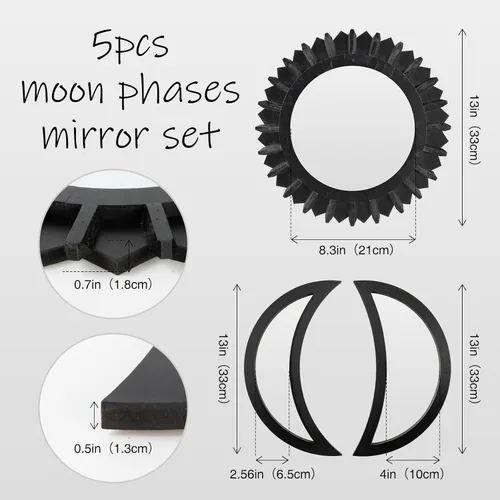 Miniatura 2 de WAKOSAN Espejo de Pared, Juego de Espejos de Fases Lunares, Decoración de Pared para Dormitorio, Bohemio 5 Piezas de Madera y Vidrio Real