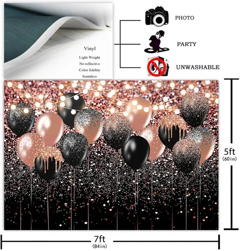 Miniatura 2 de Avezano Telón de fondo con purpurina de oro rosa y negro para cumpleaños, boda, despedida de soltera, fondo de fotografía, globo rosa dorado
