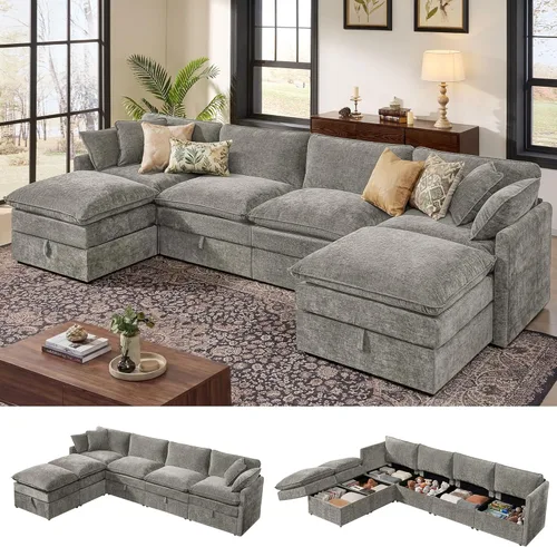 Miniatura 25 de Ihanherry Sofá cama modular de gran tamaño con almacenamiento, sofá nube modular de 6 plazas de 103 pulgadas con otomanas móviles, sofás de felpilla