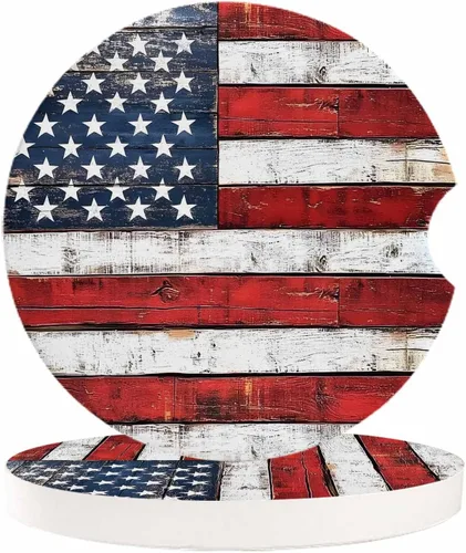 Miniatura 15 de Portavasos retro con la bandera estadounidense para mujeres/hombres, paquete de 4 posavasos absorbentes de cerámica para bebidas, juego de posavasos
