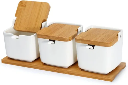 Miniatura 5 de Recipiente de cerámica con tapa y cuchara de bambú, tarro de porcelana de 9.1 onzas líquidas para pimienta con etiqueta de pizarra