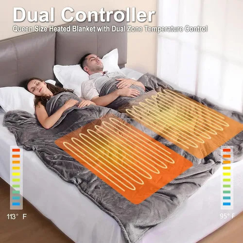 Miniatura 2 de Tefici Manta eléctrica tamaño Queen con doble control, manta eléctrica de franela suave tamaño Queen, calentamiento rápido con 3 niveles de calor