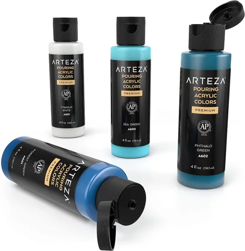 Miniatura 5 de ARTEZA Juego de 4 colores de pintura acrílica para vertido, botellas de 4 onzas, tonos aguamarina, pintura acrílica de alto flujo, suministros