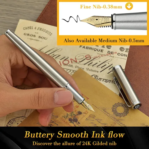 Miniatura 4 de BEILUNER Conjunto de pluma estilográfica de lujo, plumín fino sólido bañado en oro 24K, cuerpo de acero inoxidable plateado - Incluye 6 cartuchos