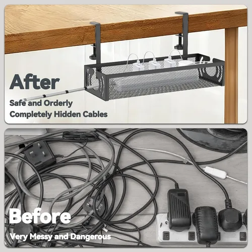 Miniatura 2 de Organizador de cables, bandeja de organización de cables debajo del escritorio de 15 pulgadas, sin taladro, organizador de cables de metal con Negro
