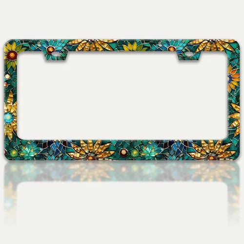 Hermoso marco de matrícula de flores de vidrio, coloridos soportes para placa de matrícula de acero inoxidable, divertido soporte de accesorios de