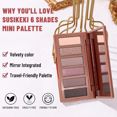 Miniatura 4 de SUSIKEKI 6 Colores Mini Paleta de Sombras de Ojos Rosa Neutro Nude Shimmer y Mate con Espejo Altamente Pigmentada de Larga Duración Impermeable 02