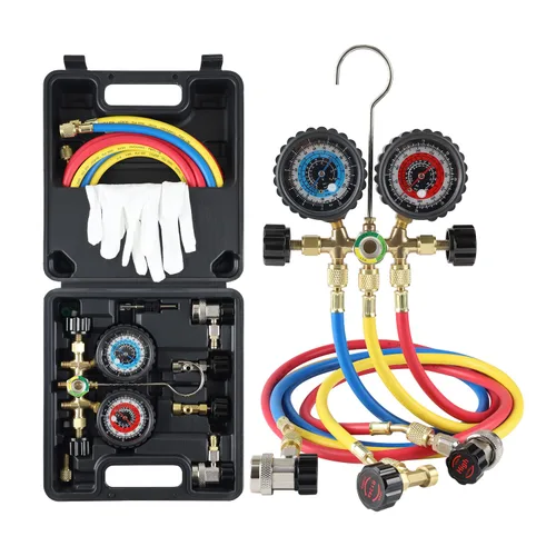 Lichamp Calibradores de aire acondicionado R134a R22 R12 R502 Juego de medidor de colector de diagnóstico con manguera de 5 pies, acopladores de